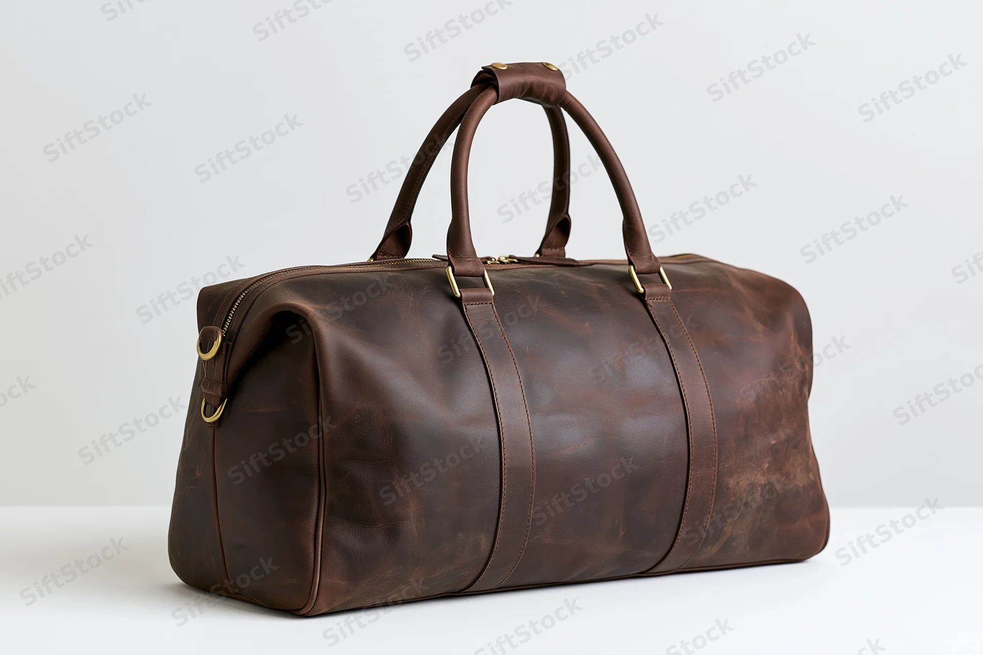 Dark brown full-grain leather duffle bag with brass hardware on white surface