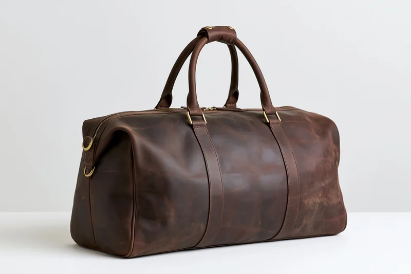 Dark brown full-grain leather duffle bag with brass hardware on white surface