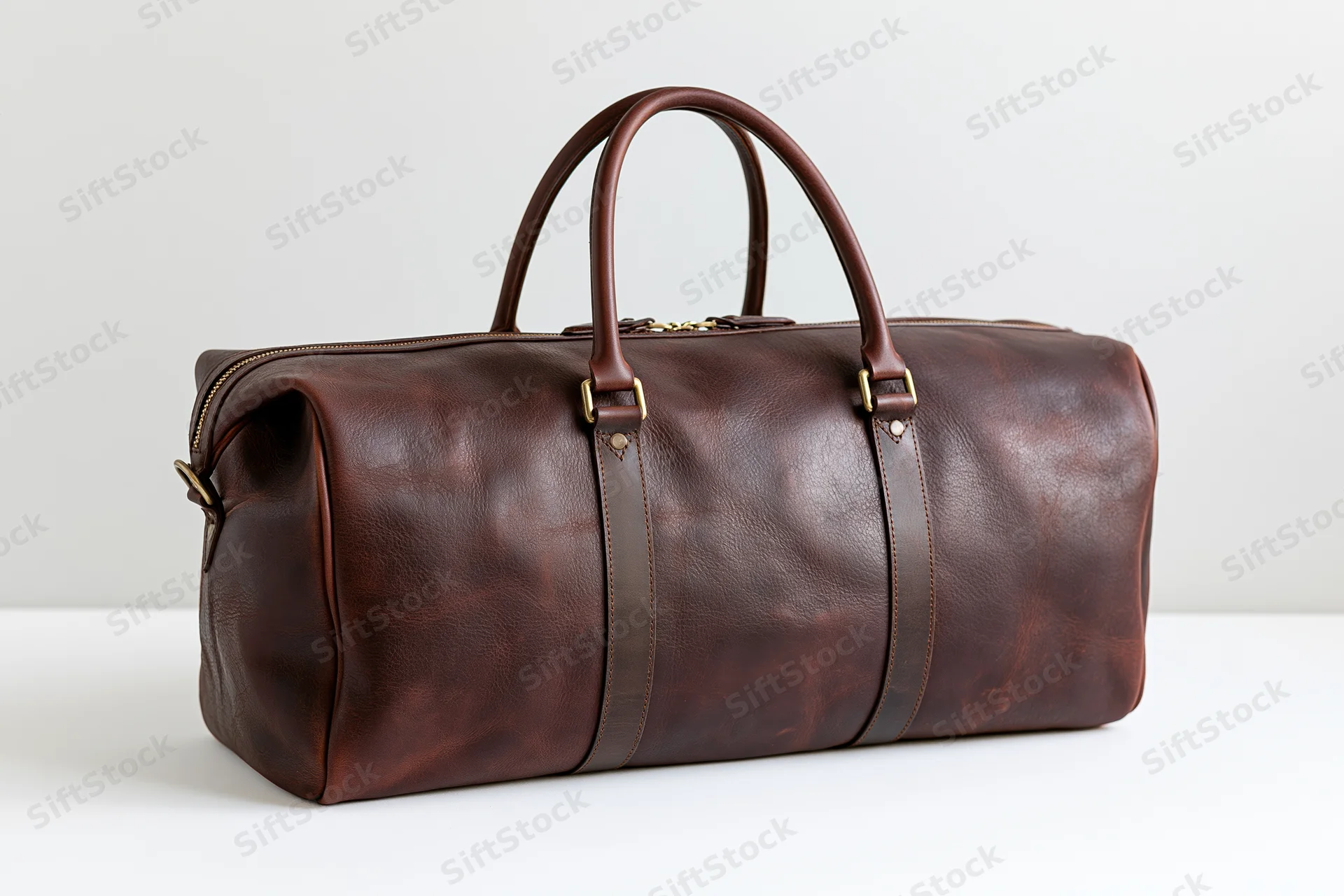 Dark brown full-grain leather duffle bag with brass hardware on white background