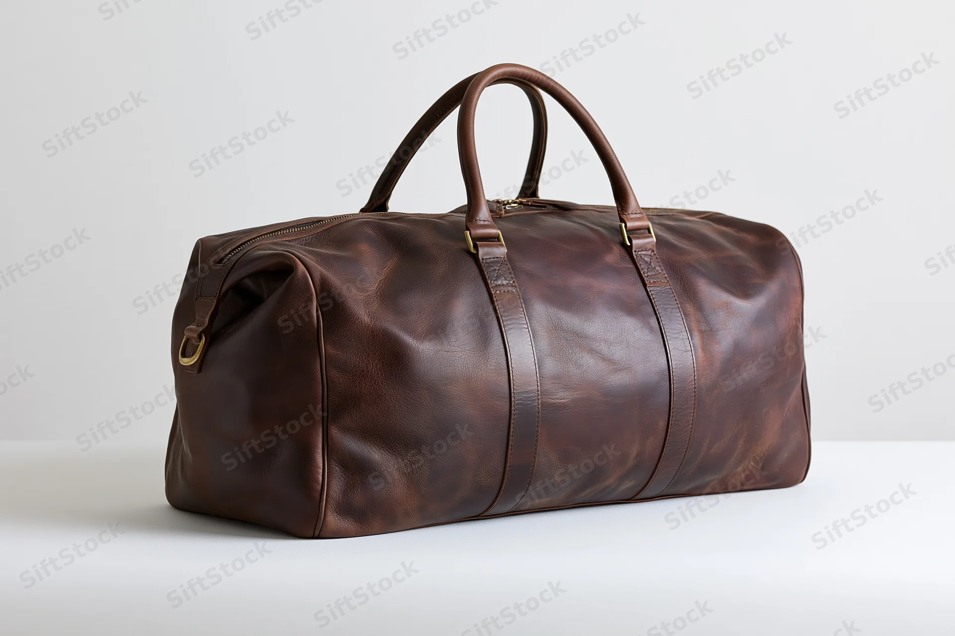 Dark brown full-grain leather duffle bag with brass hardware on white surface