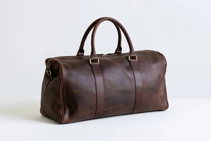 Dark brown full-grain leather duffle bag with brass hardware on white surface