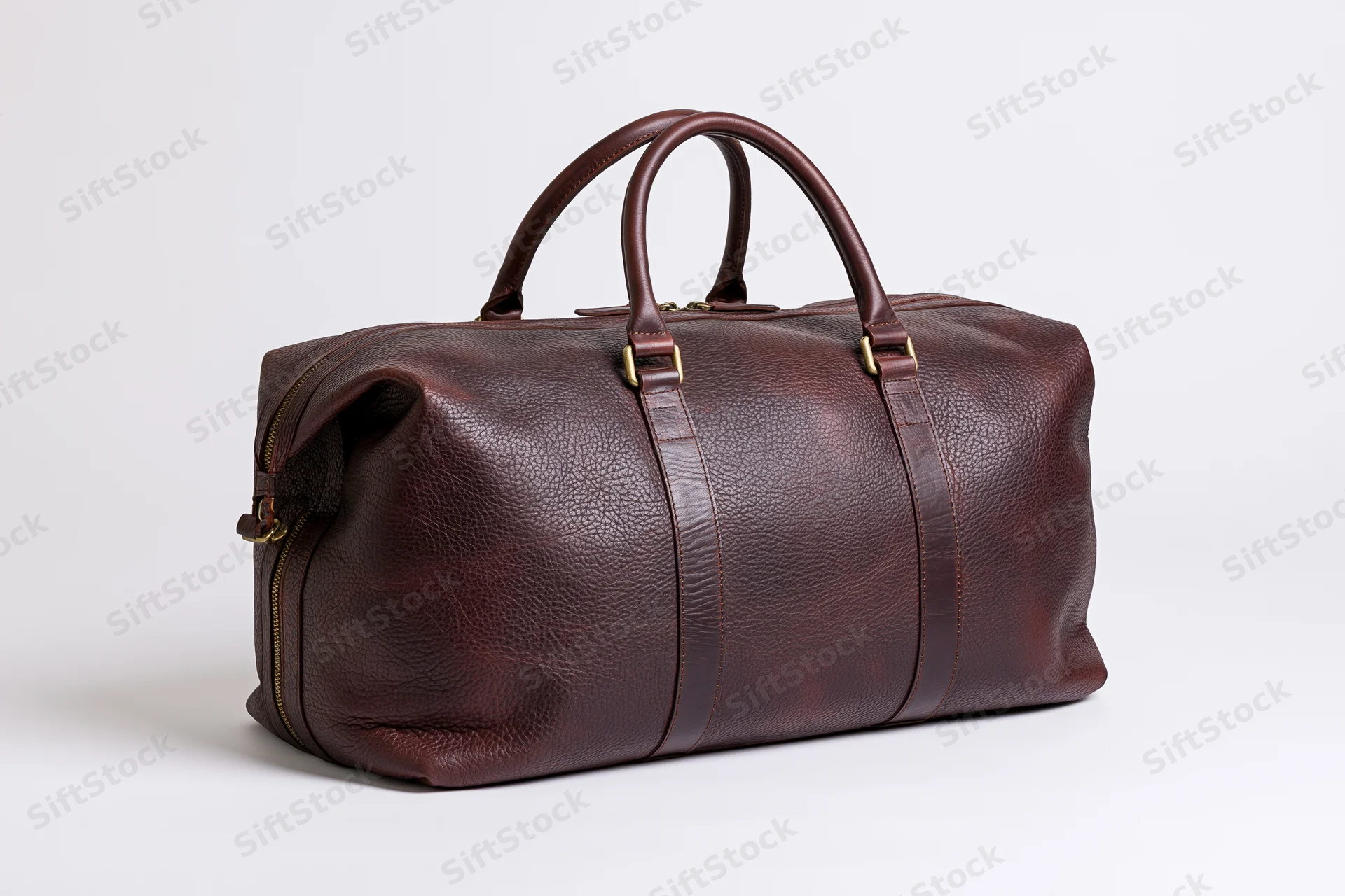 Dark brown full-grain leather duffle bag with top handles and zipper on white background