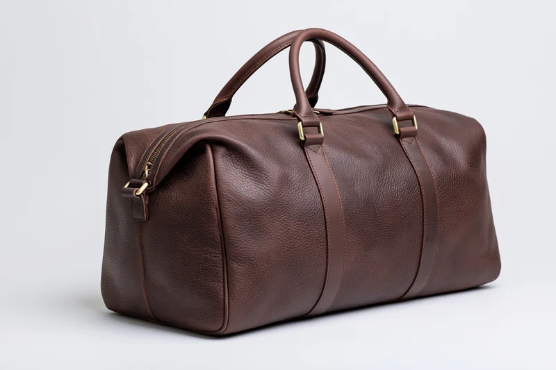 Dark brown full-grain leather duffle bag with top handles and gold hardware on white background