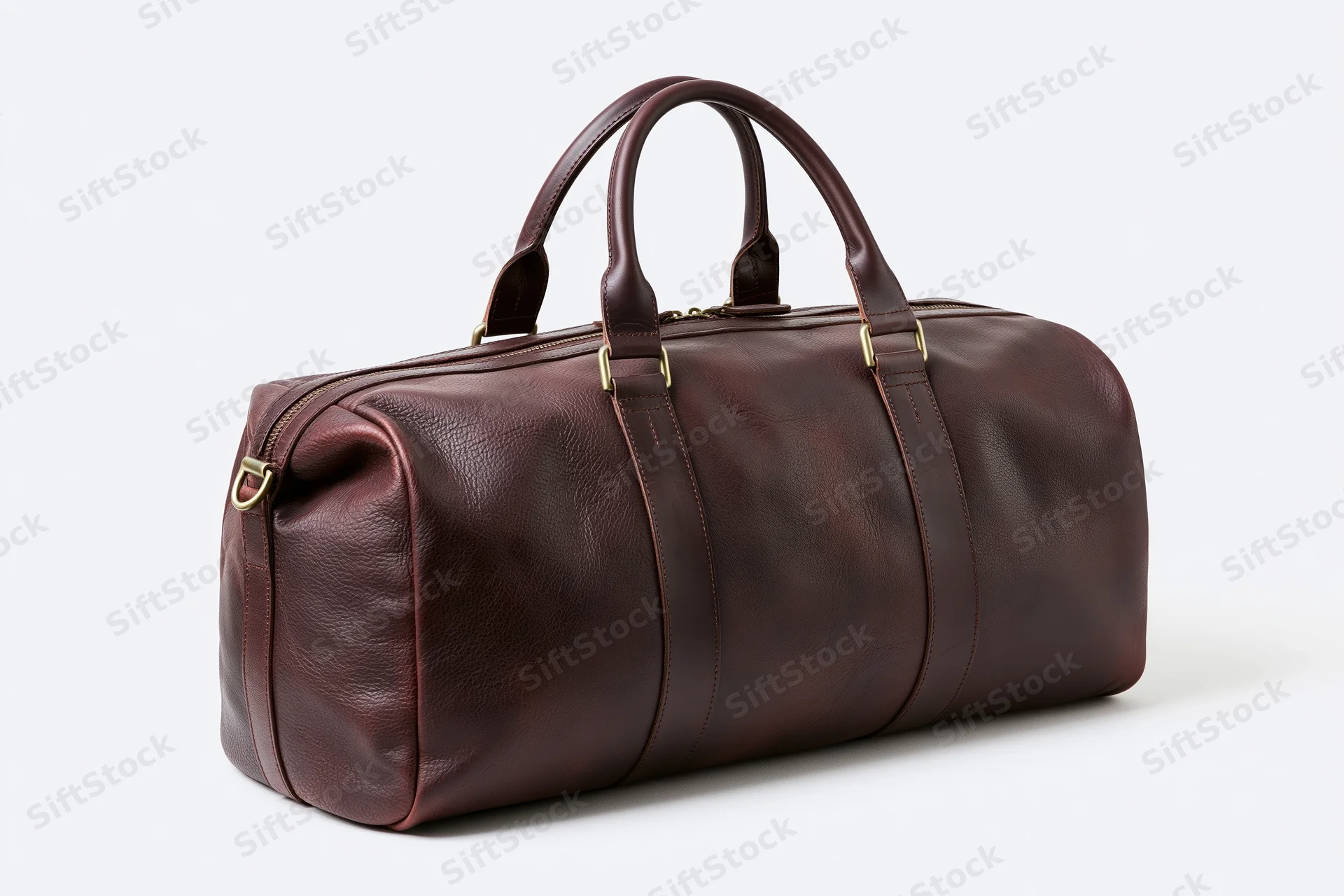 Dark brown leather duffle bag with top handles on white background