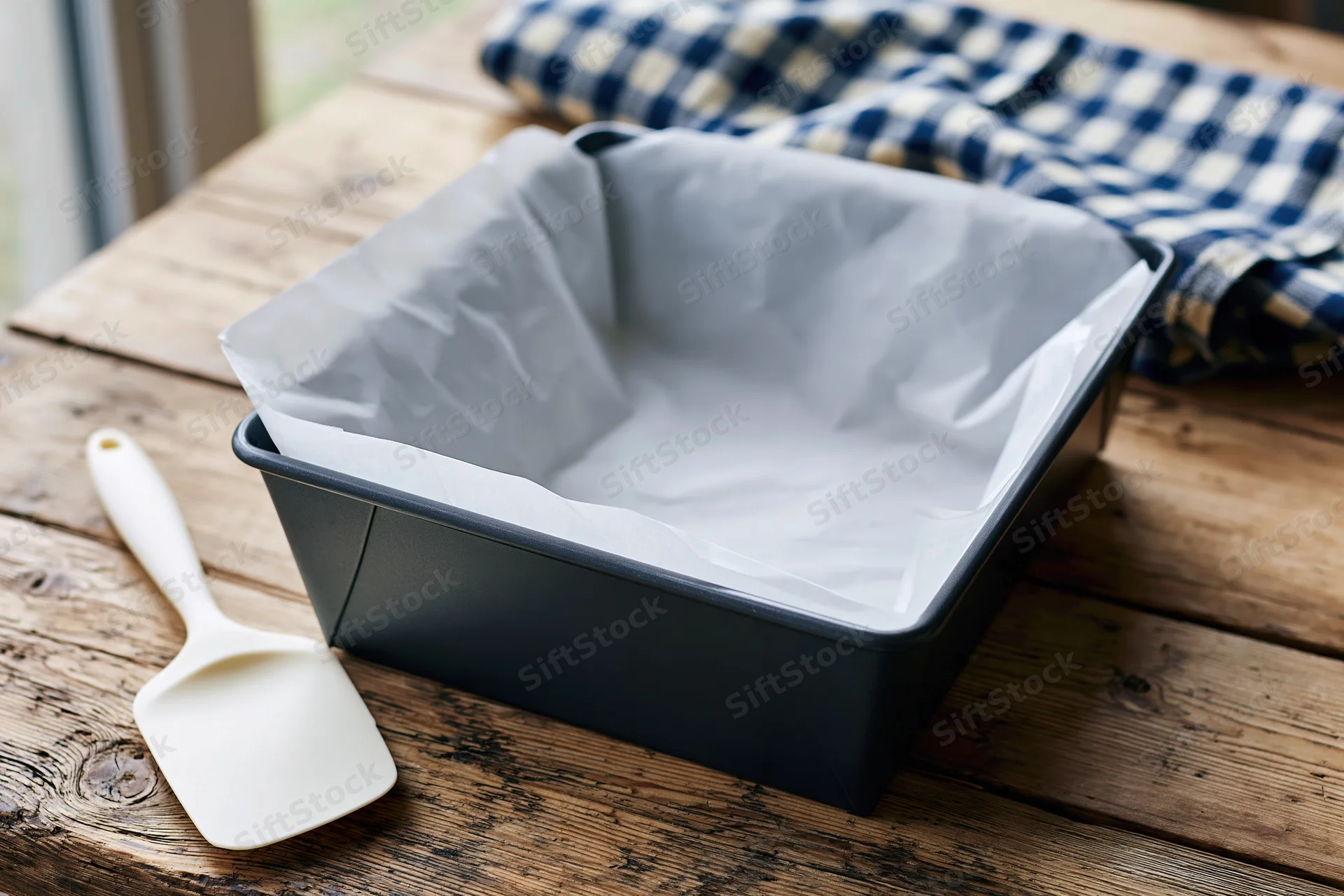 Dark grey metal loaf pan lined with white parchment paper on wooden table with spatula and checkered cloth nearby