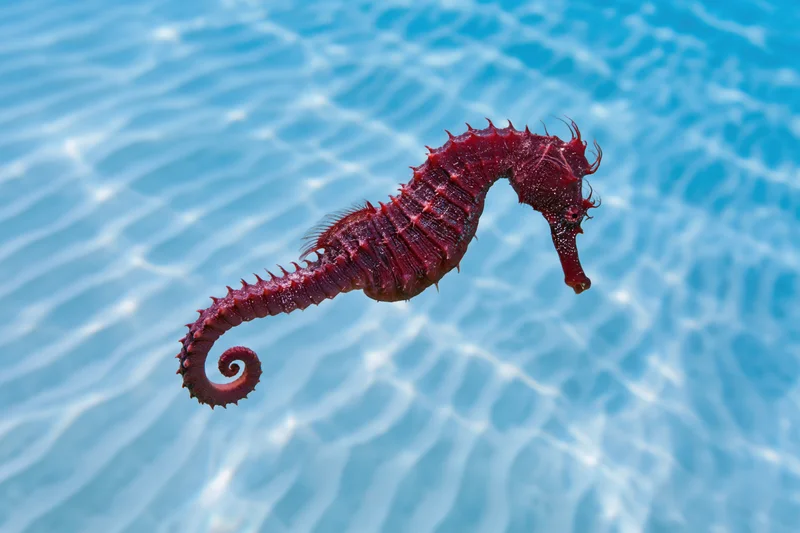 Red seahorse floating in clear blue water with rippled light patterns