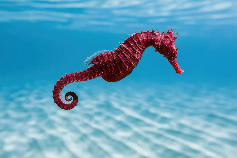Deep red seahorse swimming underwater with curled tail in clear blue ocean water