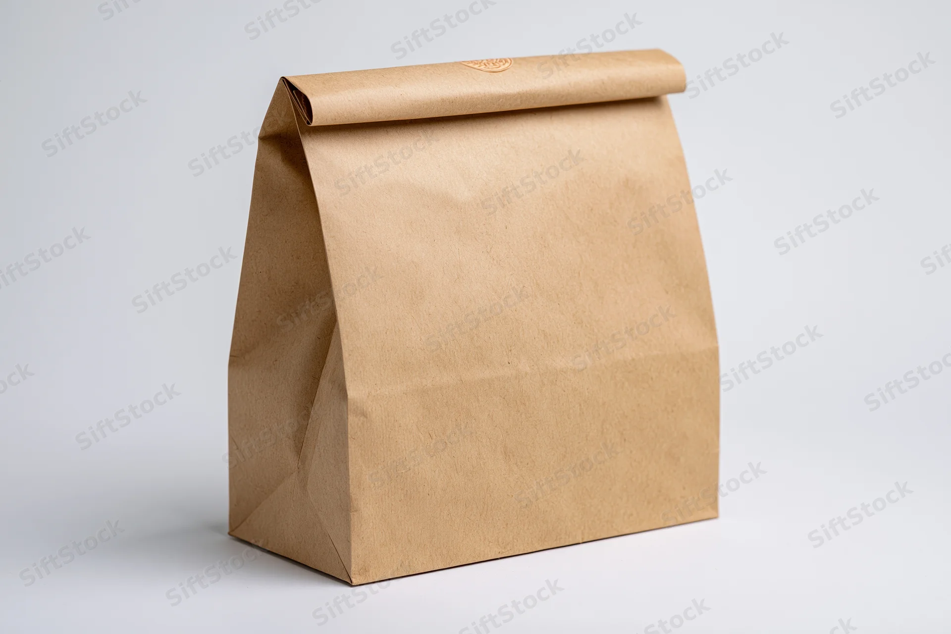 Brown kraft paper lunch bag standing upright on white background