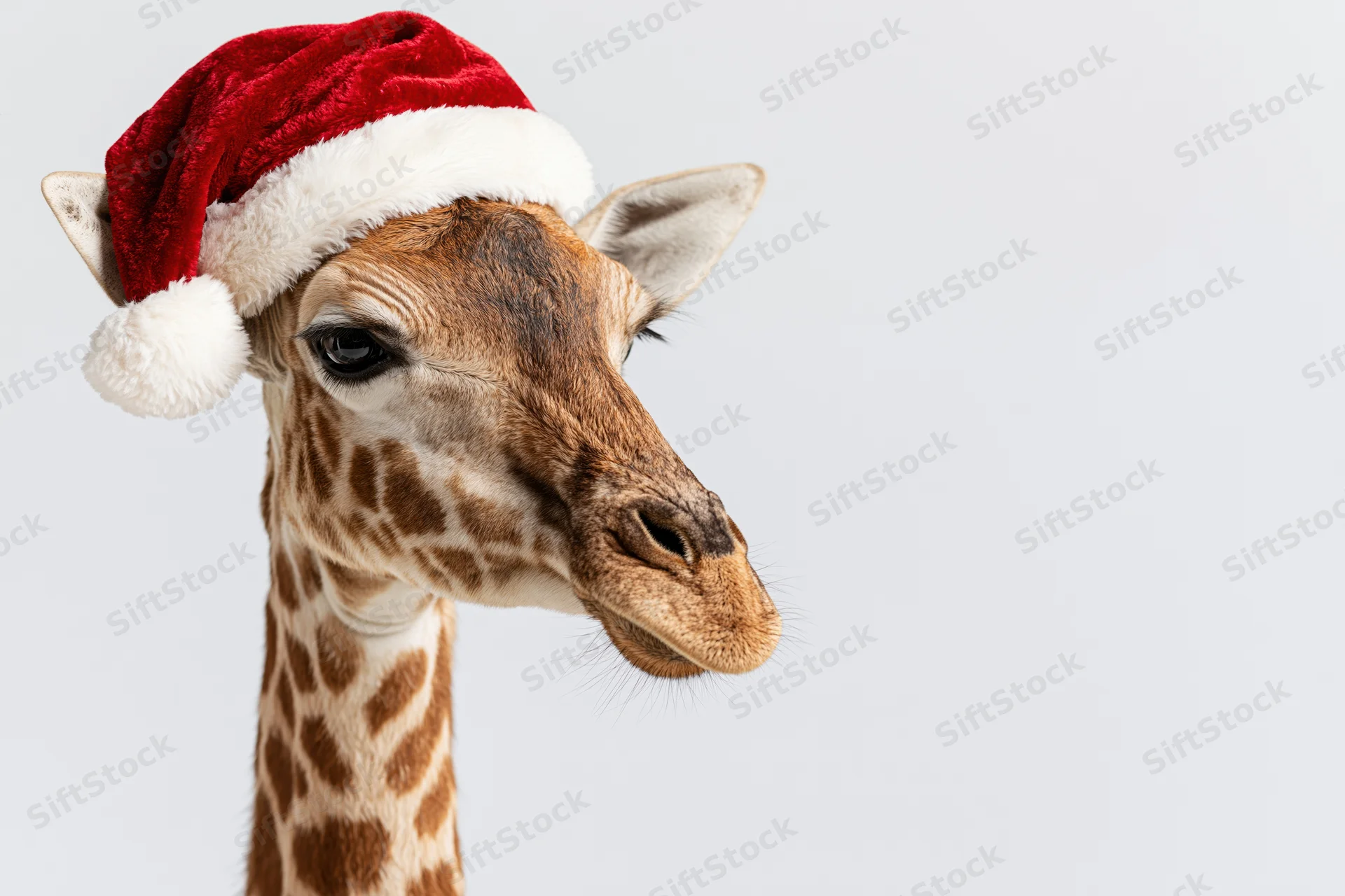 Giraffe wearing red velvet santa hat with white trim on head against plain background