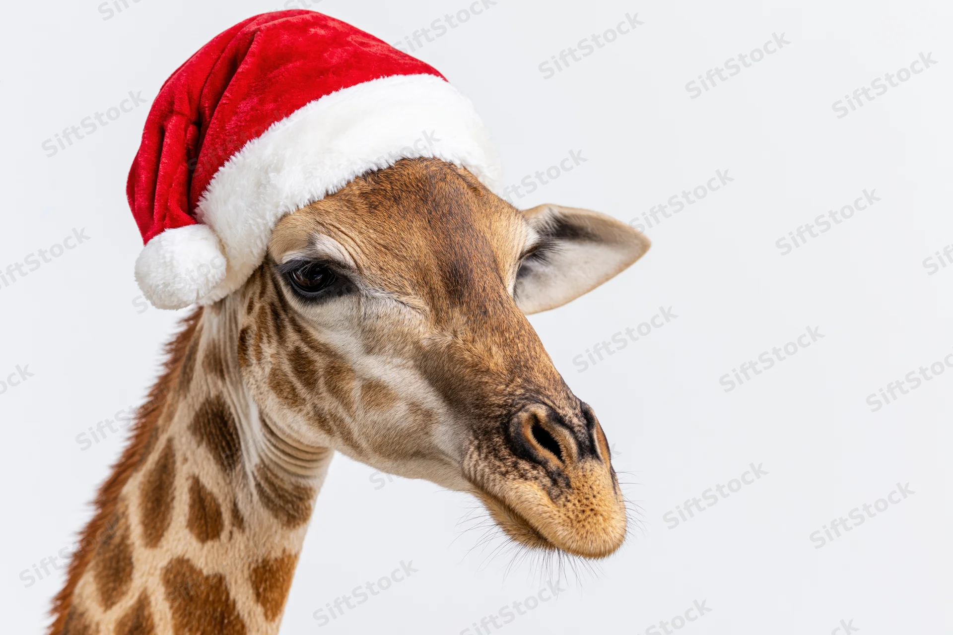 Giraffe wearing red santa hat in studio portrait with white background