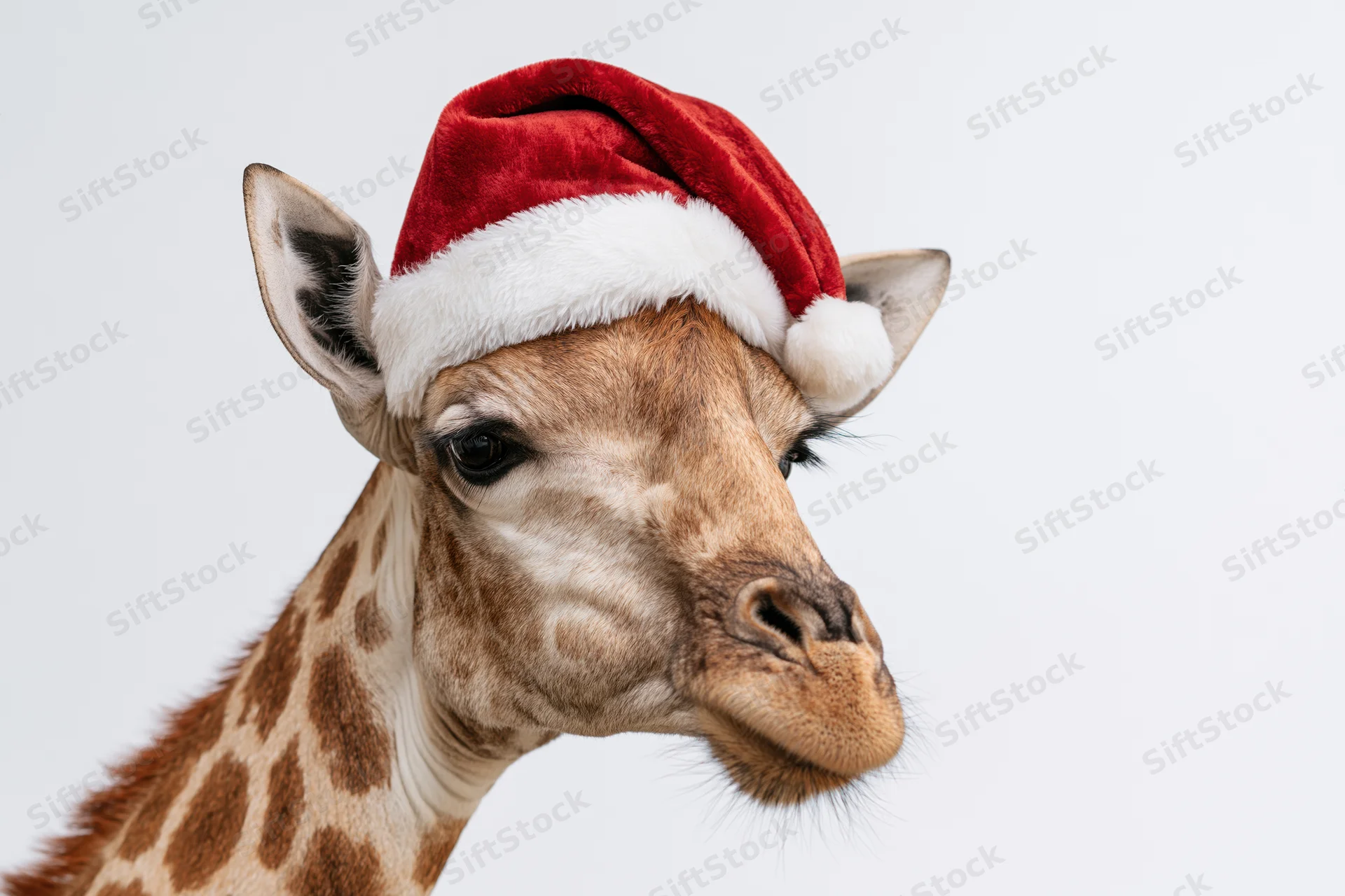 Giraffe wearing red velvet santa hat with white trim in studio portrait