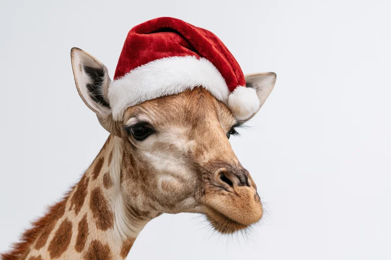 Giraffe wearing red velvet santa hat with white trim in studio portrait