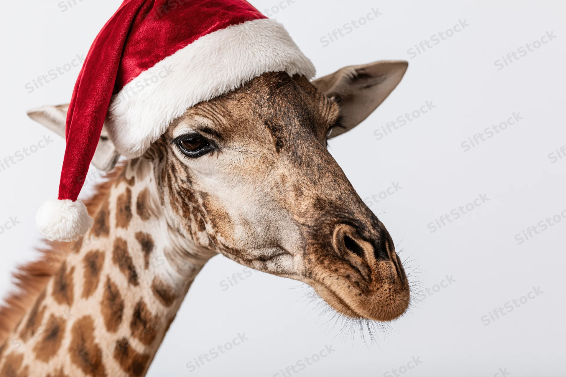 Giraffe wearing red velvet santa hat with white trim in studio portrait