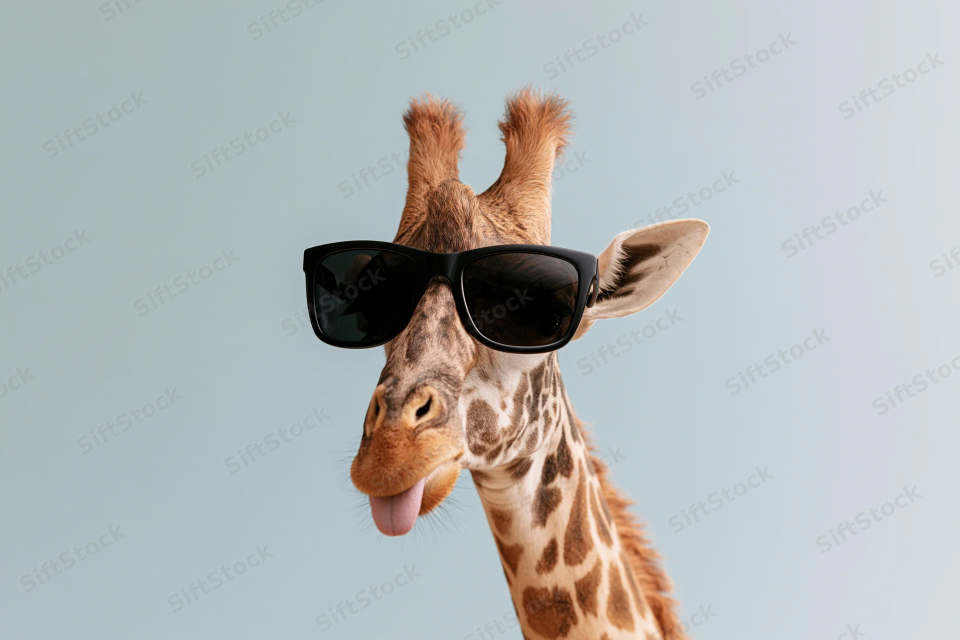 Giraffe wearing oversized black sunglasses with tongue out against light blue background