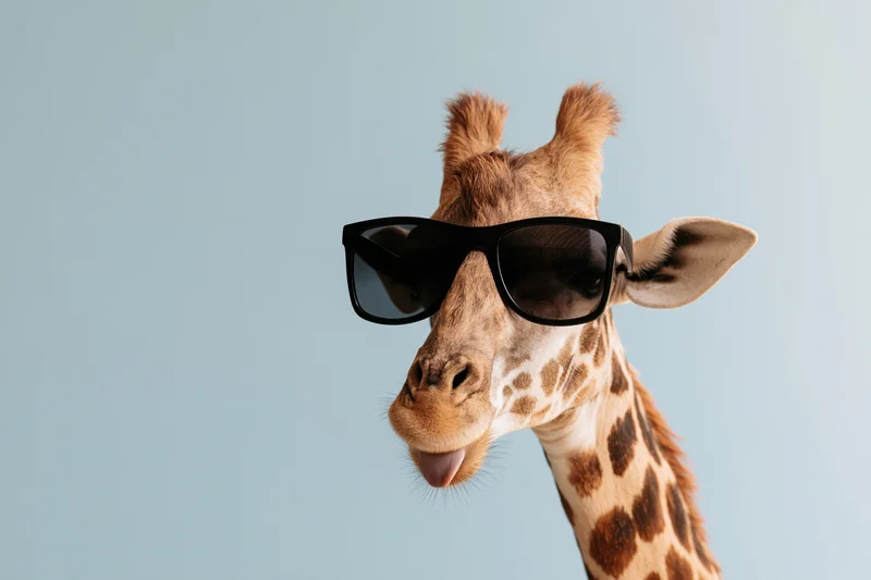 Giraffe wearing oversized black sunglasses with tongue sticking out against light blue background