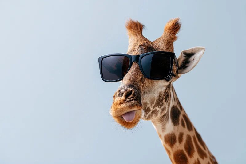 Giraffe wearing oversized black sunglasses with tongue sticking out against light blue sky