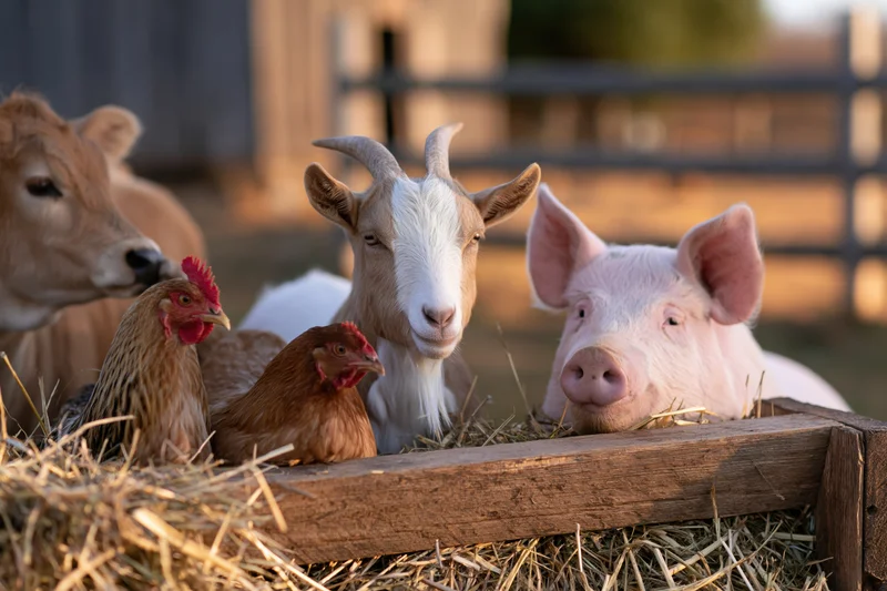 Goat, pig, cow, and chickens gathered around a wooden trough filled with hay in a barnyard setting