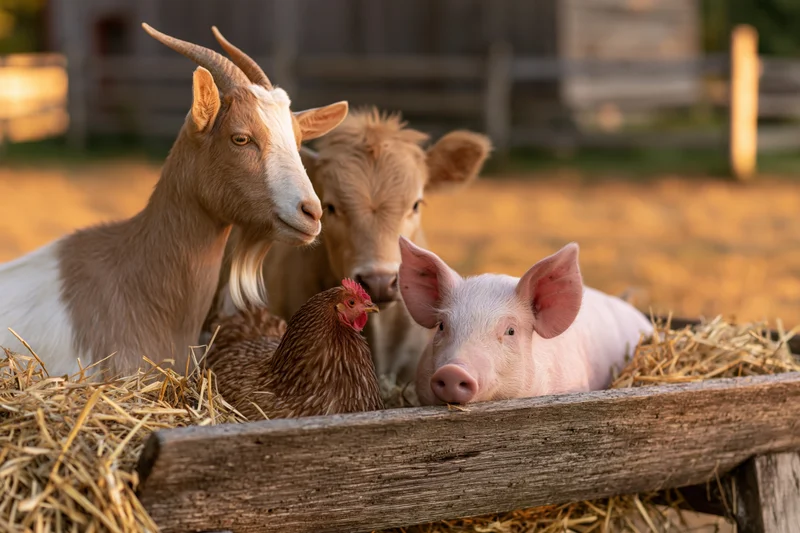 Pig, goat, chicken and cow gathered around a wooden trough filled with hay in a farmyard setting