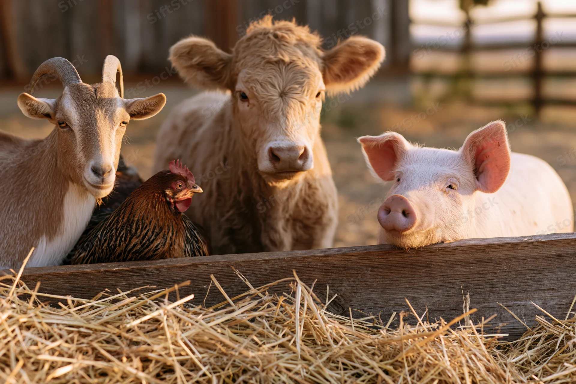 Pig, cow, goat, and chicken gathered around wooden feeding trough in farmyard with hay and fence in background