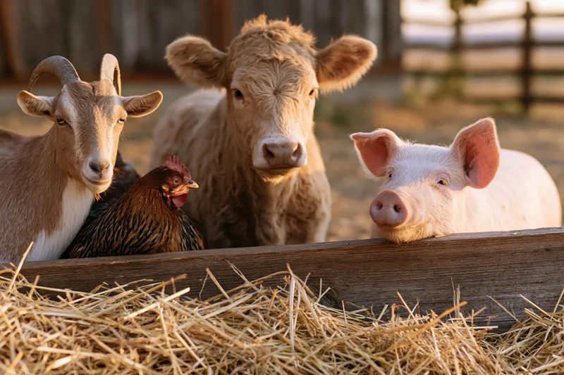 Pig, cow, goat, and chicken gathered around wooden feeding trough in farmyard with hay and fence in background