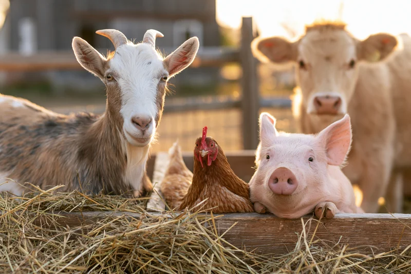 Goat, pig, cow, and chicken gathered around hay in a fenced farmyard
