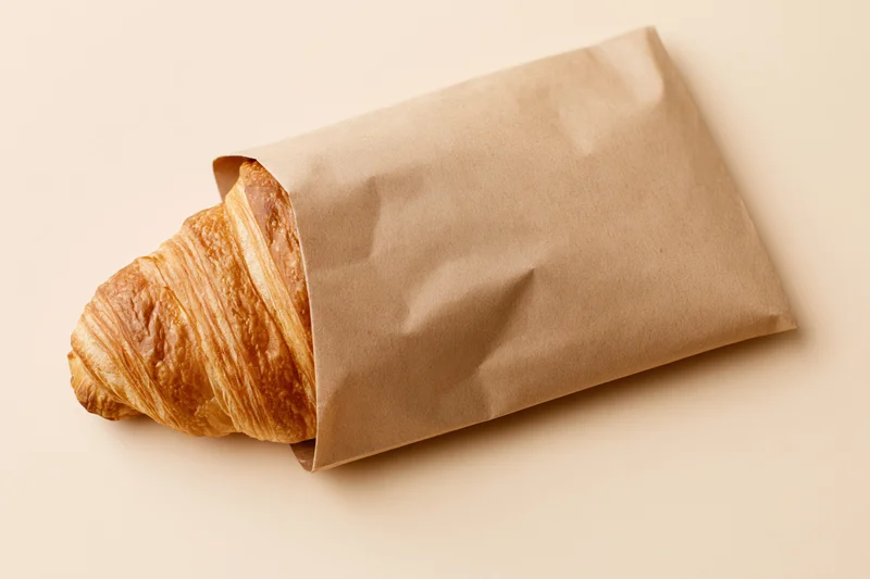 Golden croissant partially wrapped in kraft paper on a beige surface