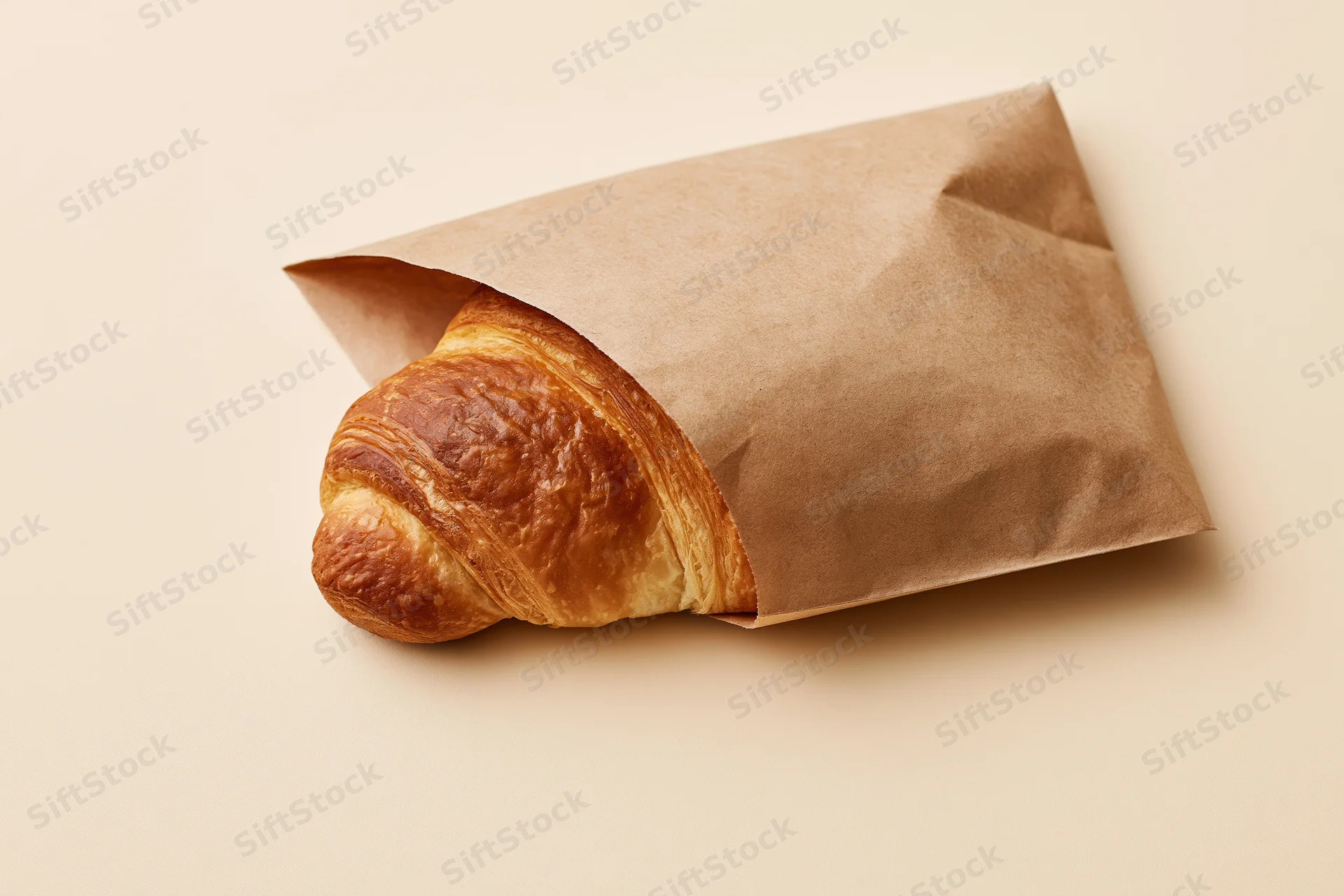 Golden croissant partially wrapped in kraft paper on a neutral background