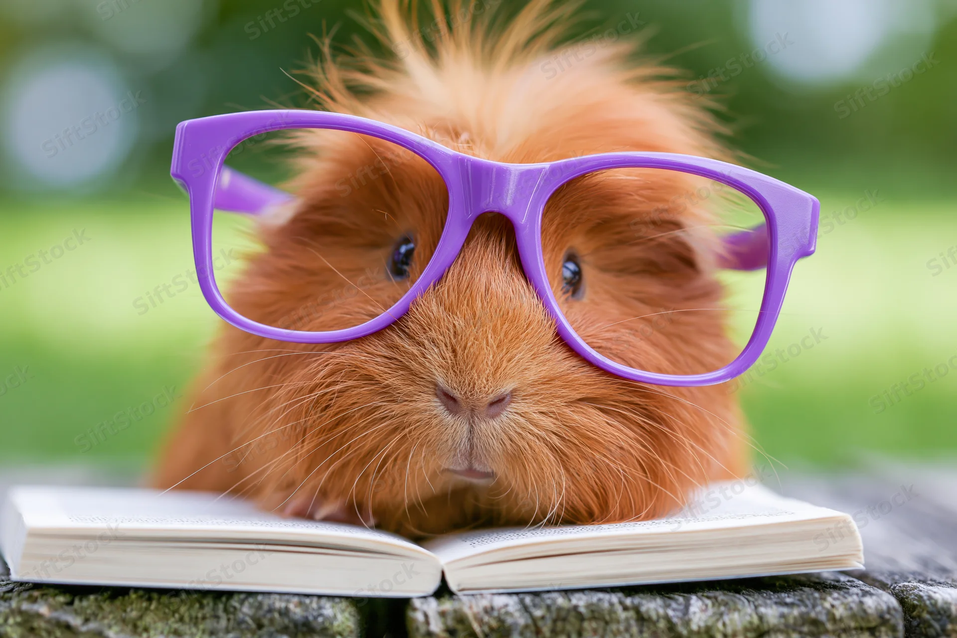 Guinea pig wearing oversized purple glasses resting on open book outdoors