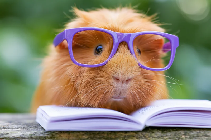 Golden-orange guinea pig wearing oversized purple glasses resting on open book outdoors