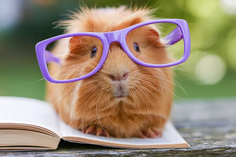 Guinea pig wearing oversized purple glasses sitting on open book outdoors