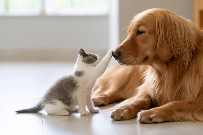 Golden retriever lying on hardwood floor while kitten touches its nose with paw