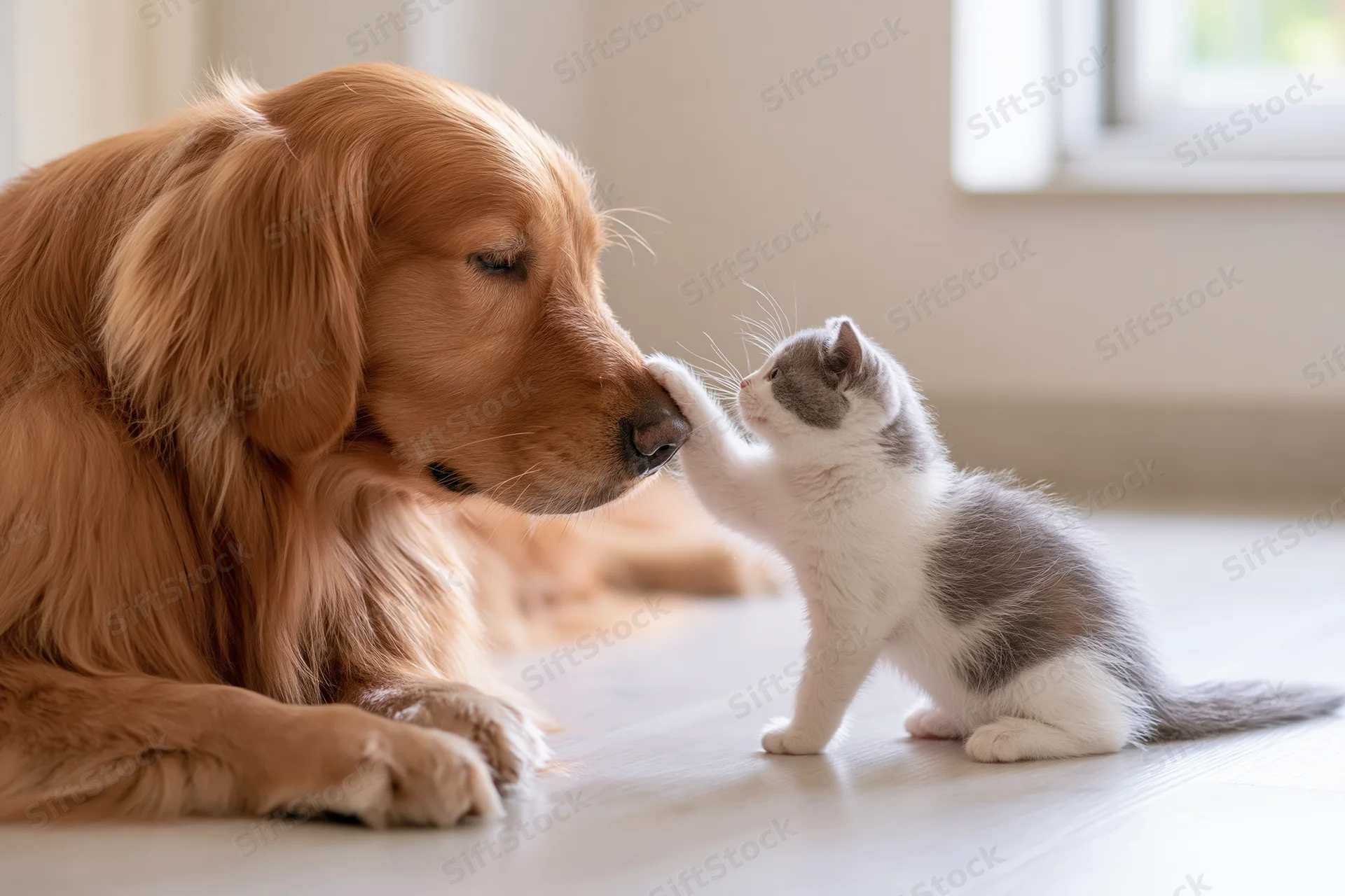 Golden retriever lying on hardwood floor gently touching nose with small kitten
