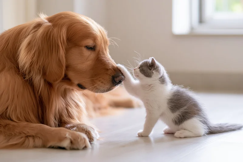 Golden retriever lying on hardwood floor gently touching nose with small kitten
