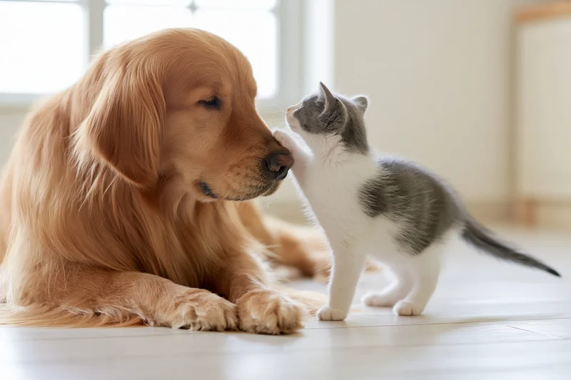 Golden retriever lying calmly on hardwood floor while gray and white kitten touches its nose with paw