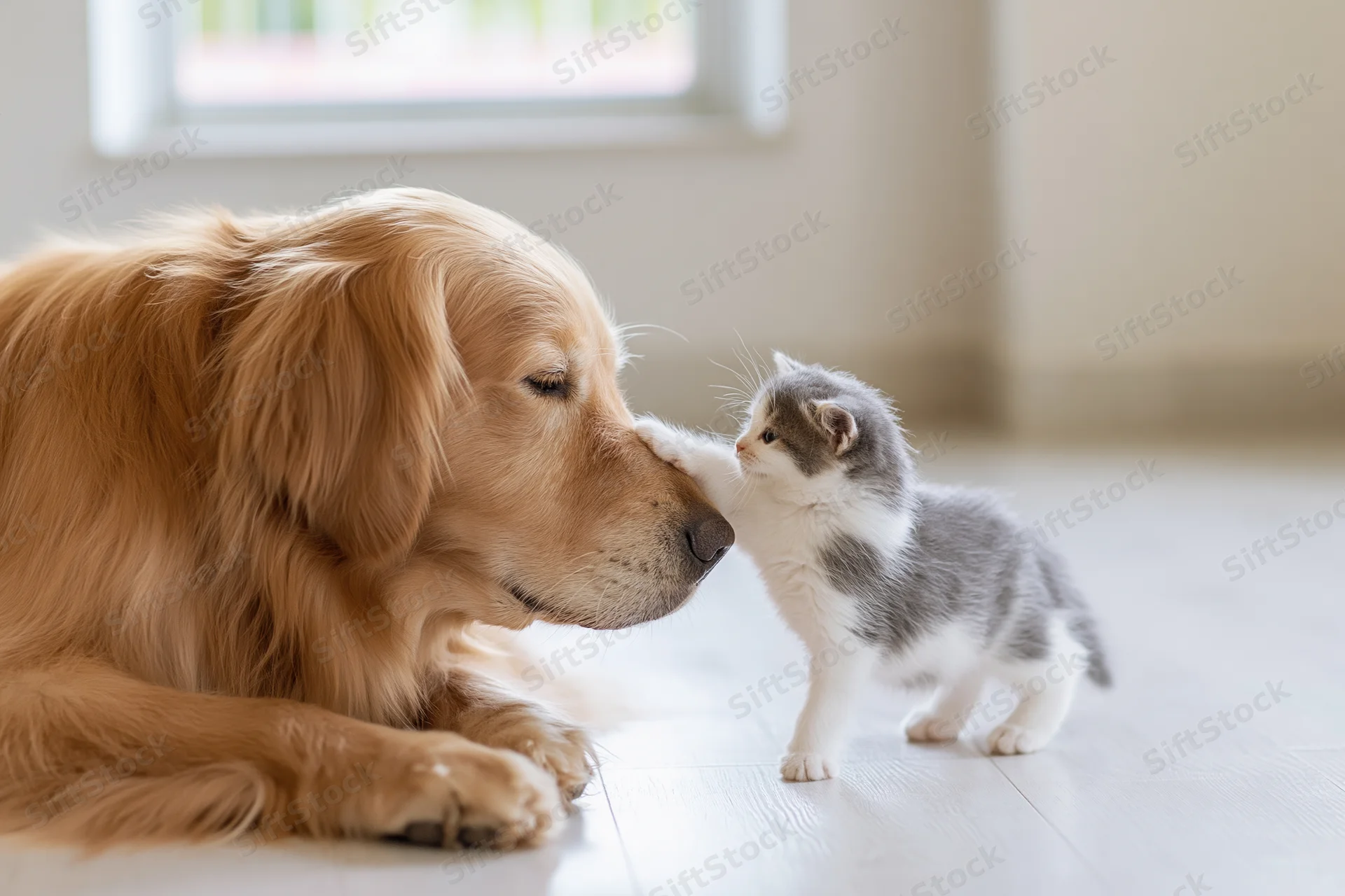 Golden retriever lying on hardwood floor gently touching nose with small gray and white kitten indoors