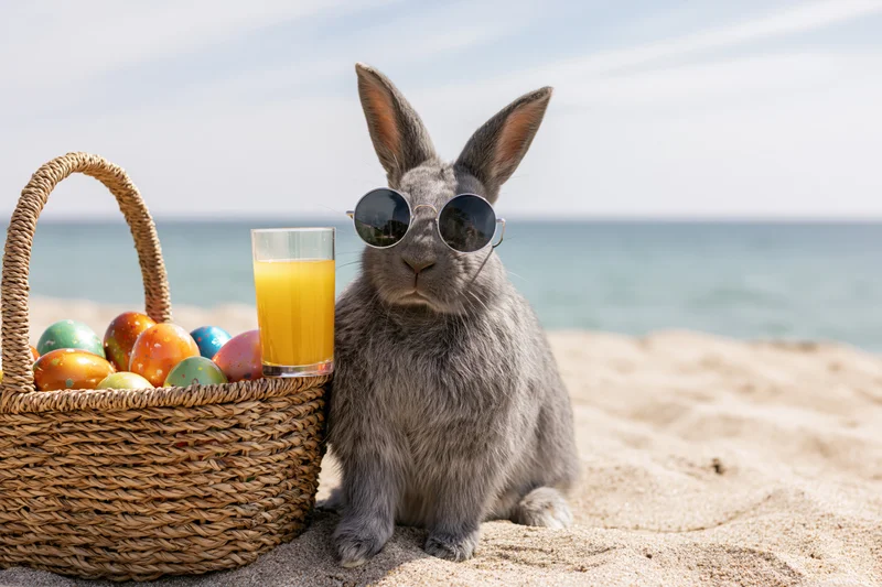 Gray rabbit wearing round sunglasses sitting on sandy beach beside wicker basket filled with colorful easter eggs and glass of orange juice