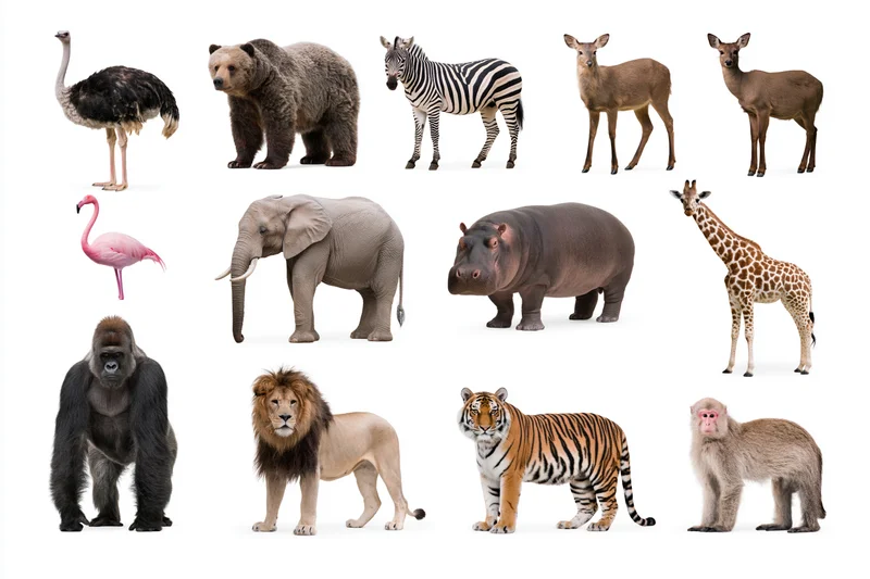 Grid of wild animals arranged in rows against white background