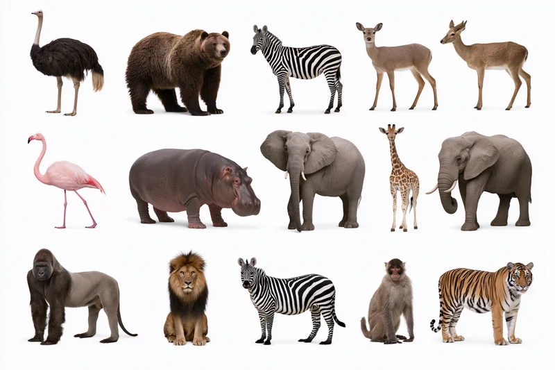 Grid of wild animals arranged in rows against white background