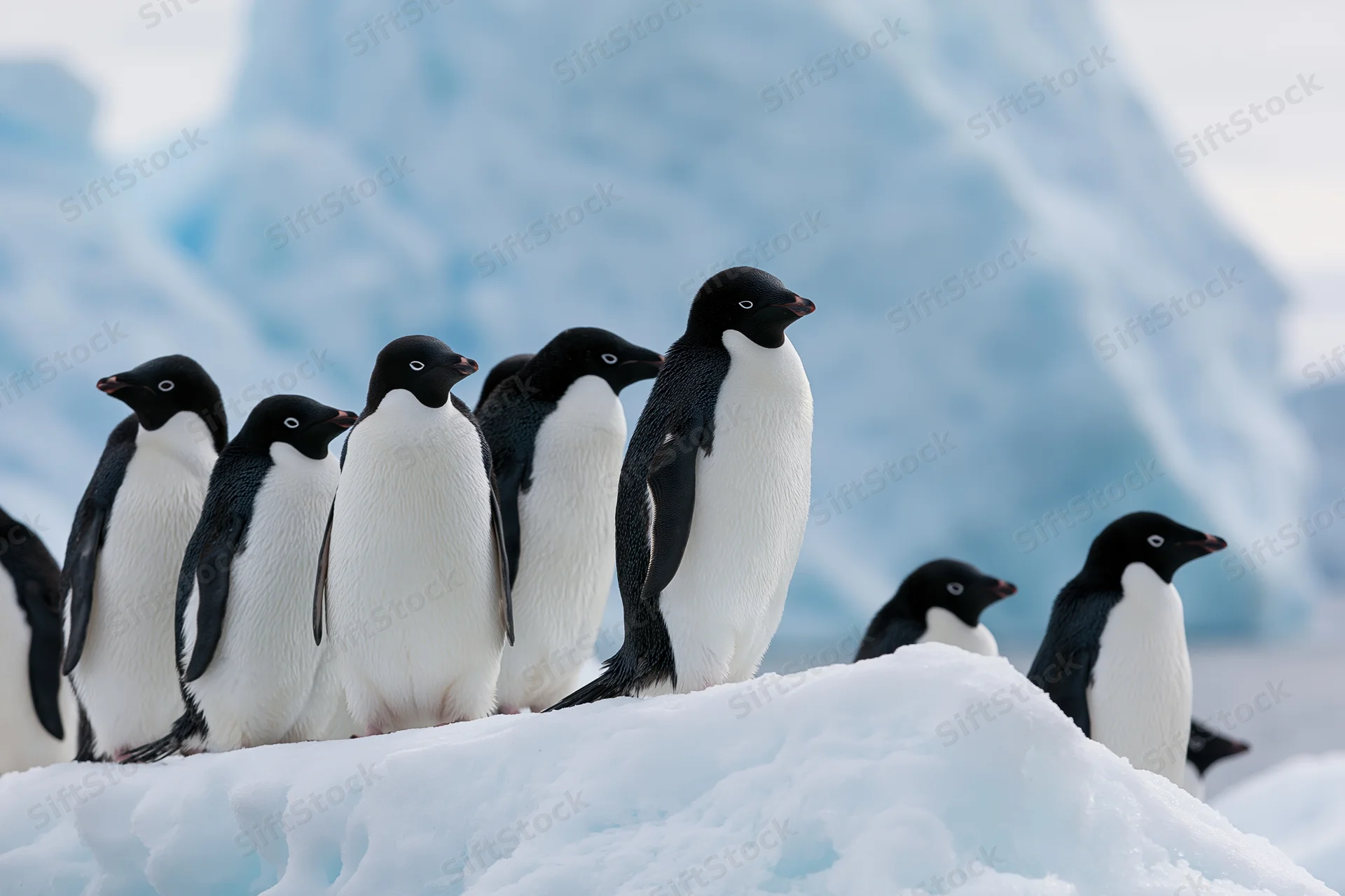 Group of adelie penguins standing together on snowy ice in antarctic landscape