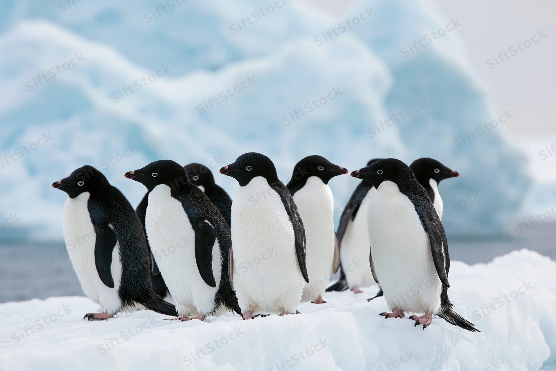 Group of adelie penguins standing huddled on snow with icebergs in background