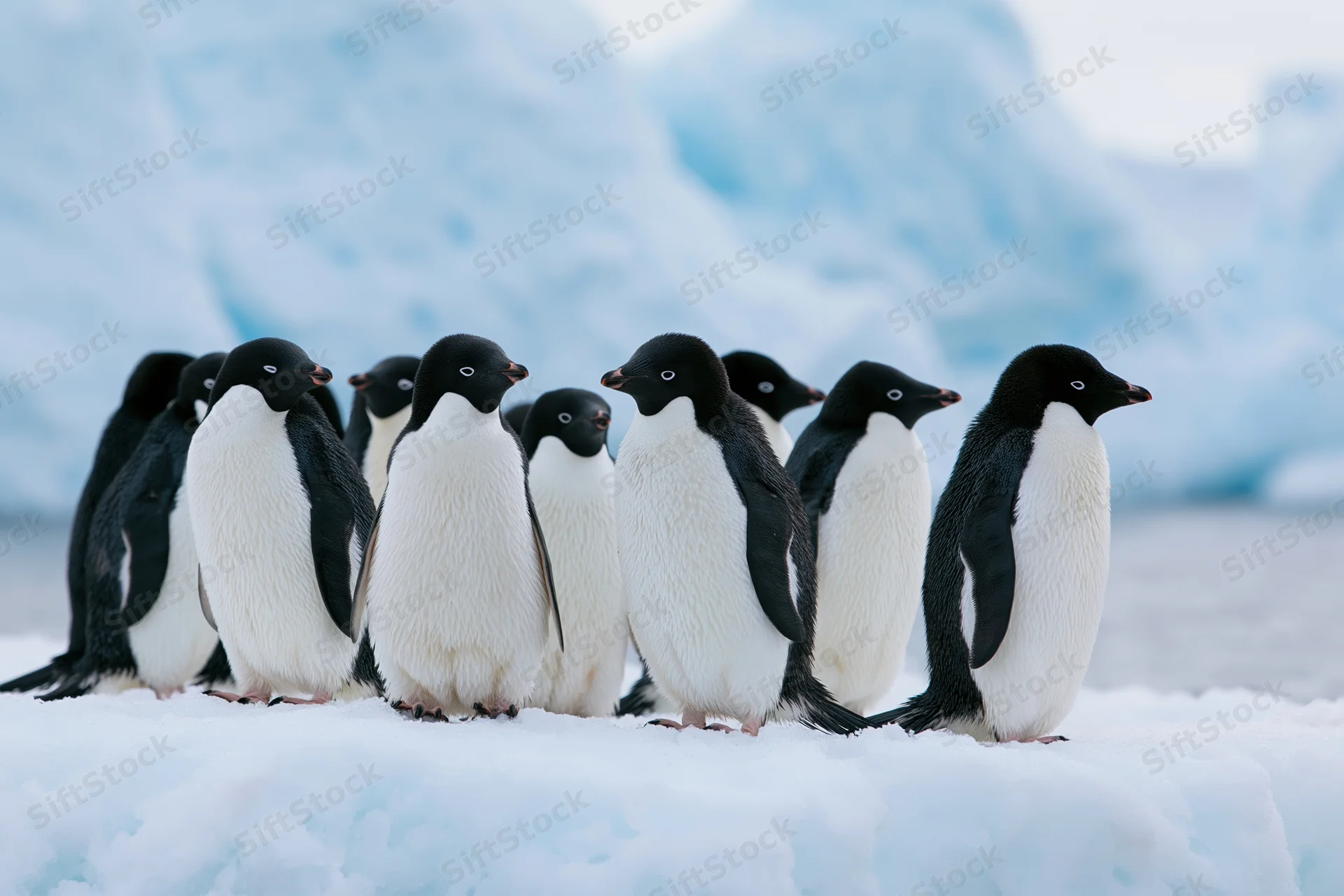 Group of adelie penguins standing together on snowy ice in antarctic landscape
