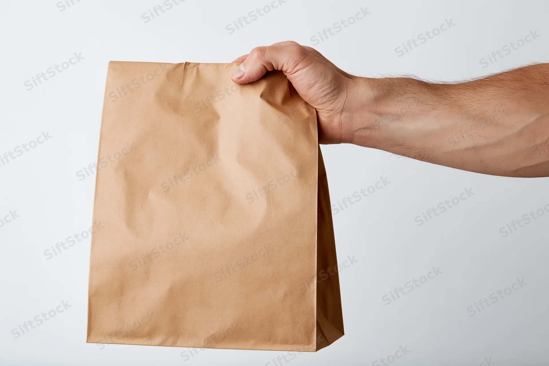 Hand gripping a plain kraft paper takeout bag against white background