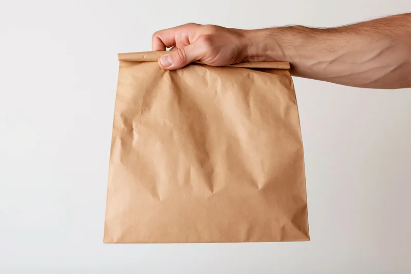 Hand holding a plain kraft paper takeout bag against white background