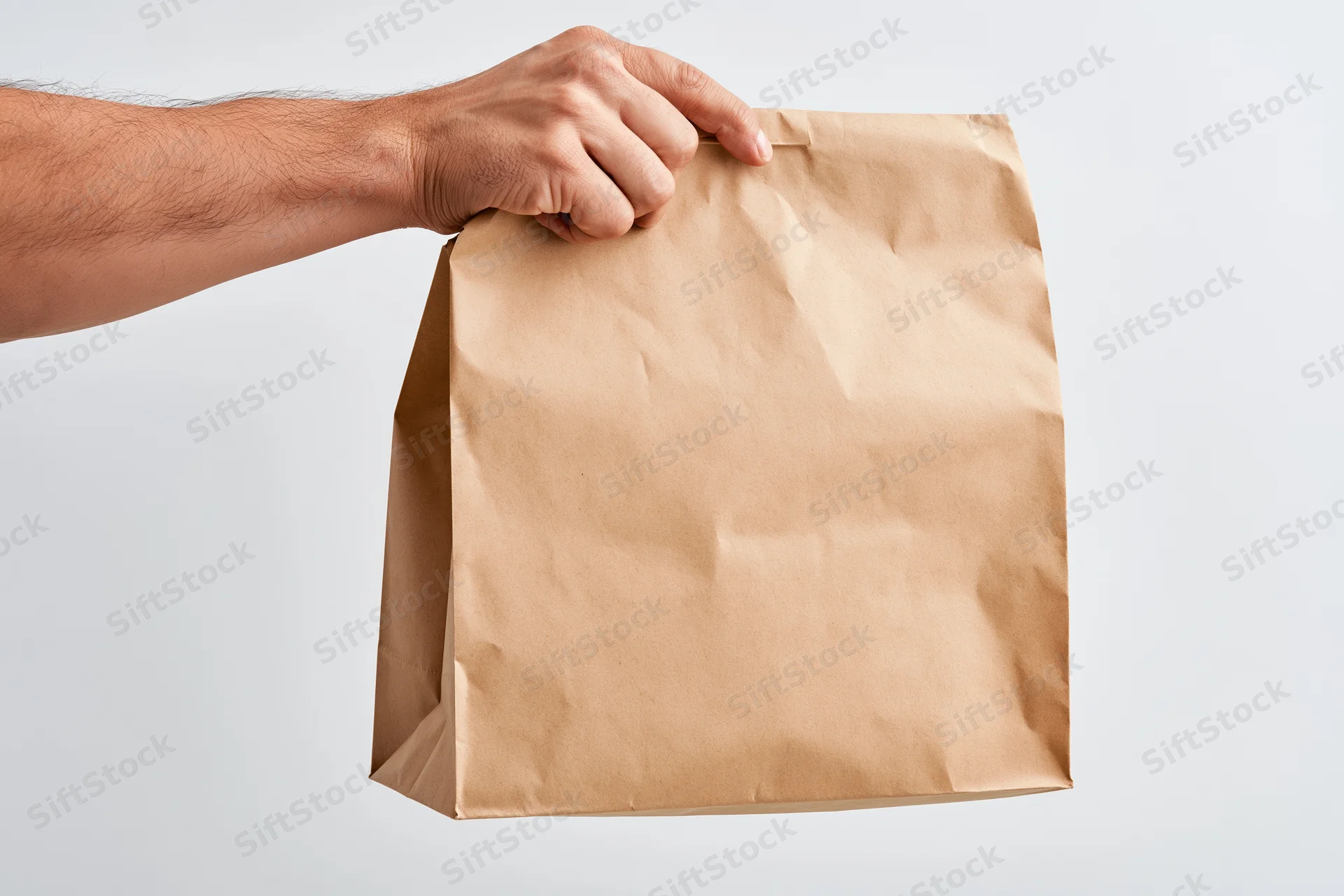 Hand gripping a plain kraft paper takeout bag against white background
