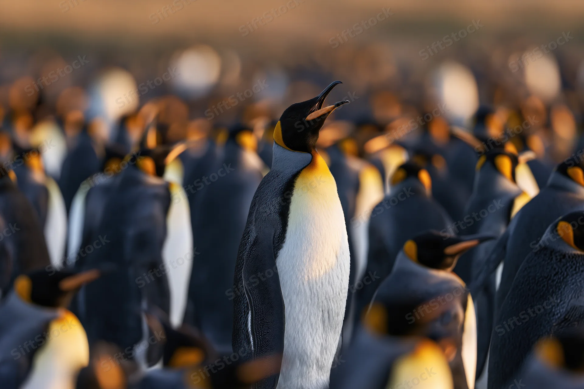 King penguin standing upright with beak open calling out in a dense colony