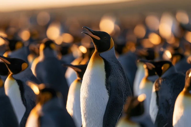 King penguin calling with beak open in a dense colony at sunset