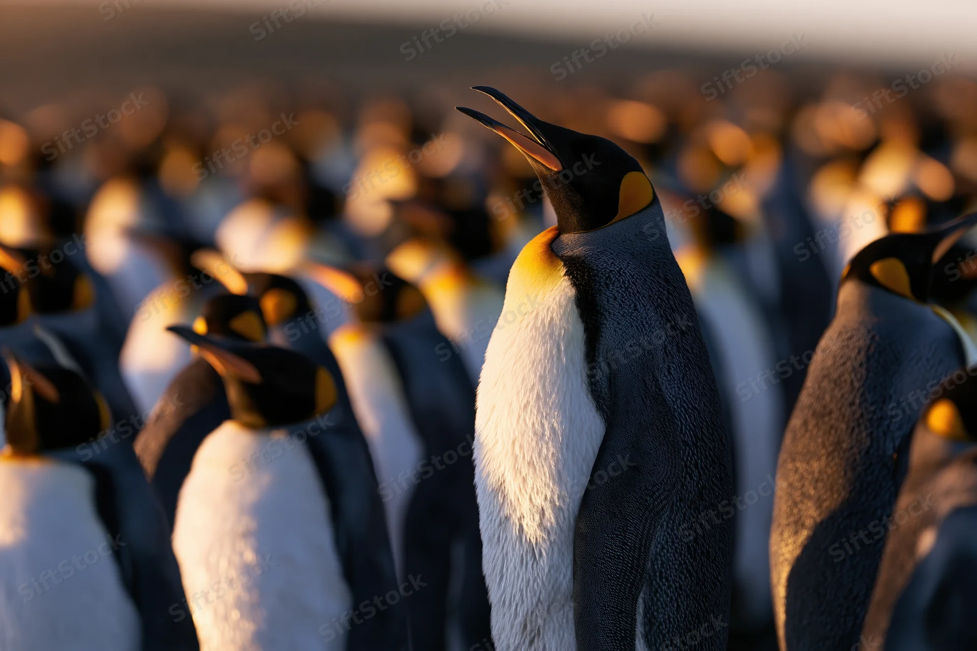 King penguin calling with beak open in a dense colony at golden hour