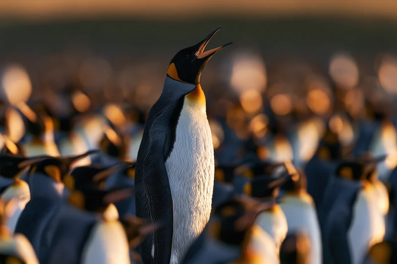 King penguin calling with beak open in a colony at golden hour