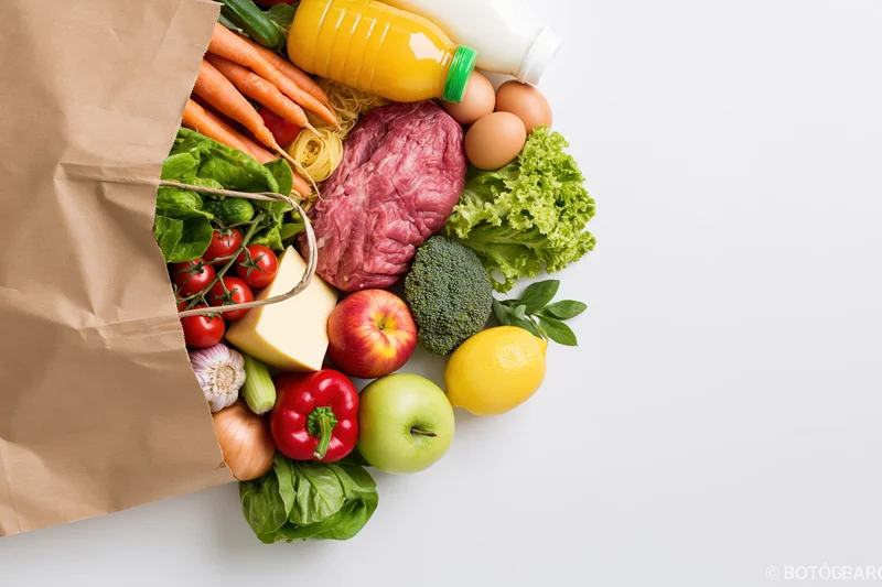 Grocery bag tipped over spilling fresh produce and food items onto white surface