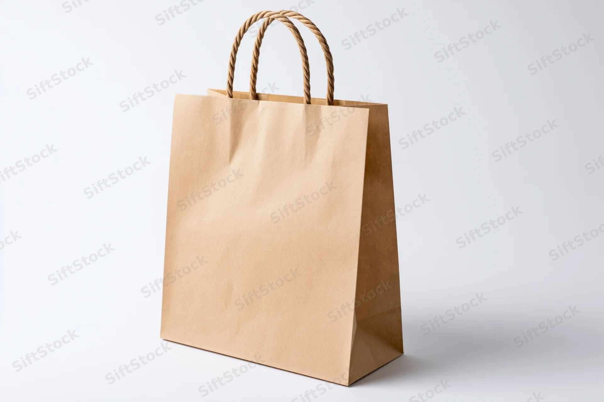 Kraft paper shopping bag with twisted rope handles standing on white background